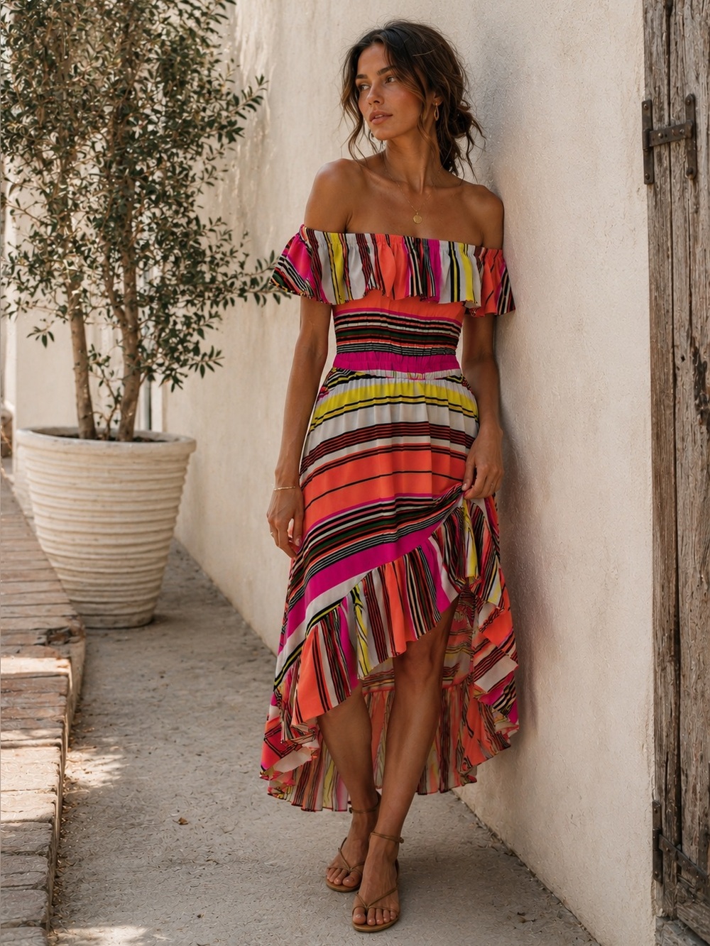 Charles Henry Off Shoulder Ruffle Stripe Maxi Dress Multicolor XS